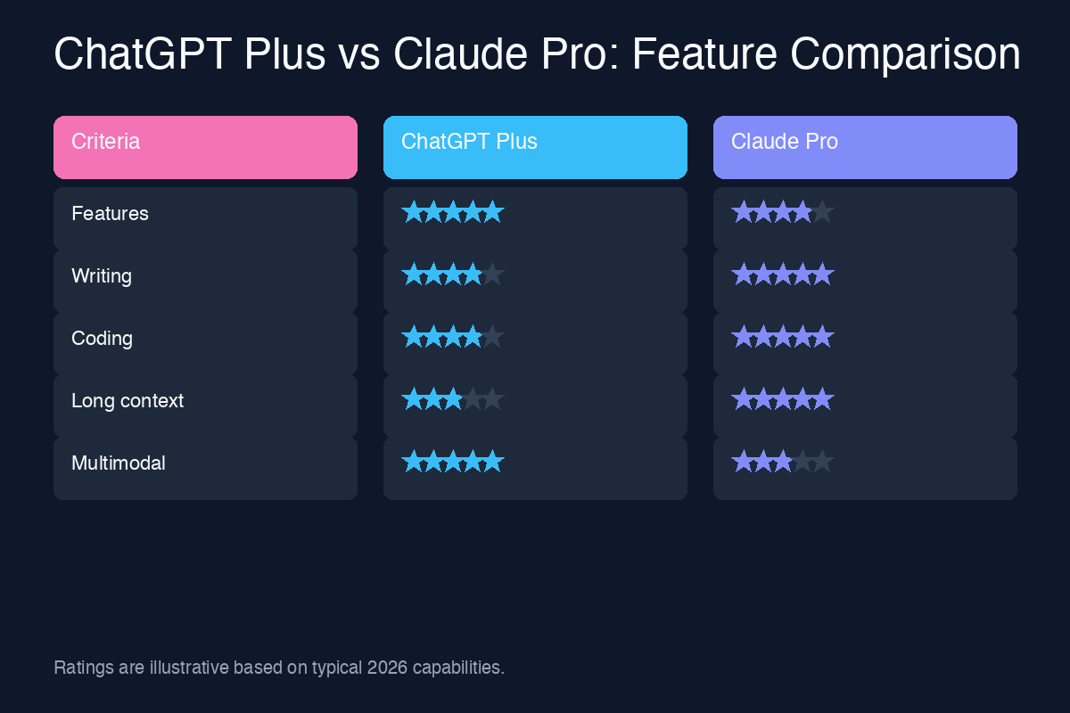 ChatGPT Plus vs Claude Pro feature comparison chart
