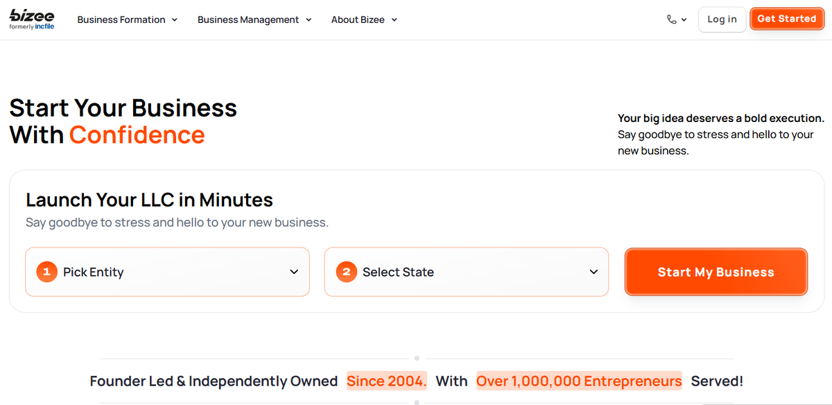 The Bizee homepage, formerly IncFile, offering LLC formation with a free first year of registered agent service