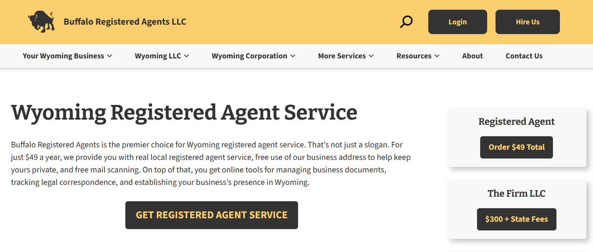 The Buffalo Registered Agents page offering Wyoming registered agent service for $49 a year with free mail scanning