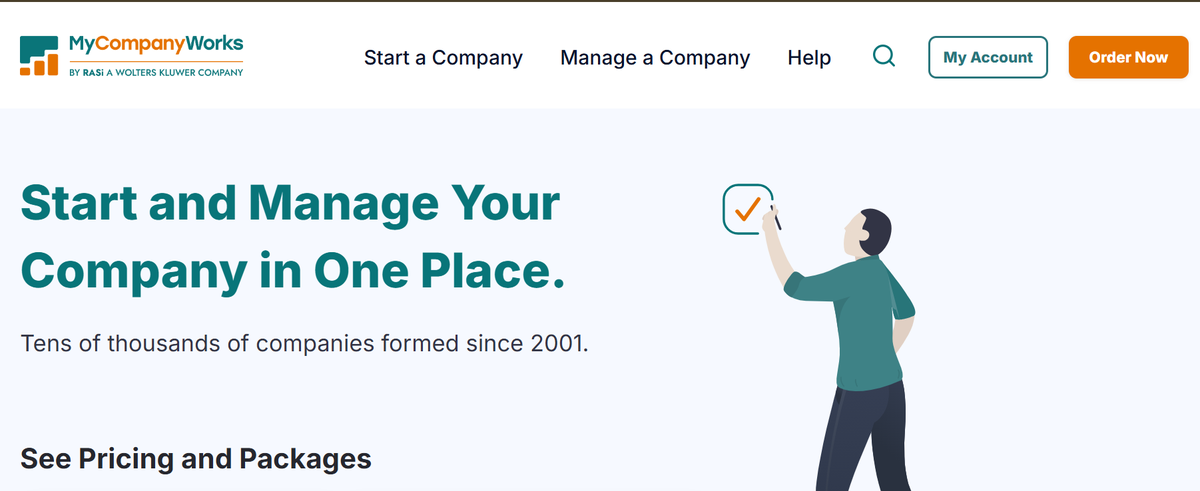 The MyCompanyWorks homepage offering company formation and management services nationwide
