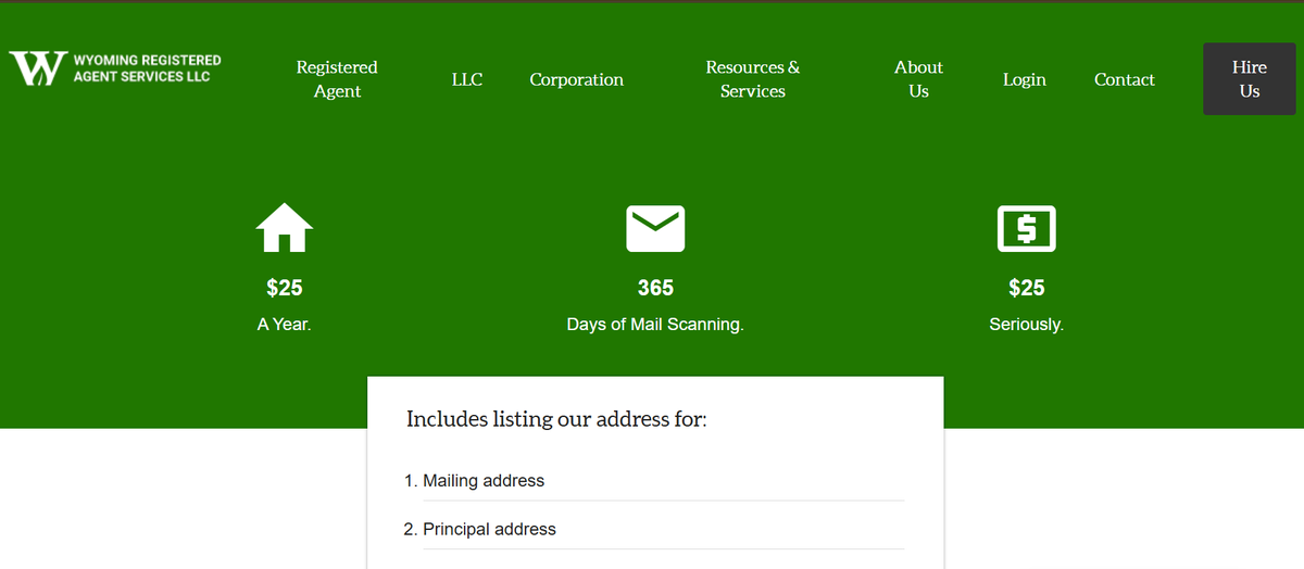 The Wyoming Registered Agent Services homepage advertising $25 a year with 365 days of mail scanning