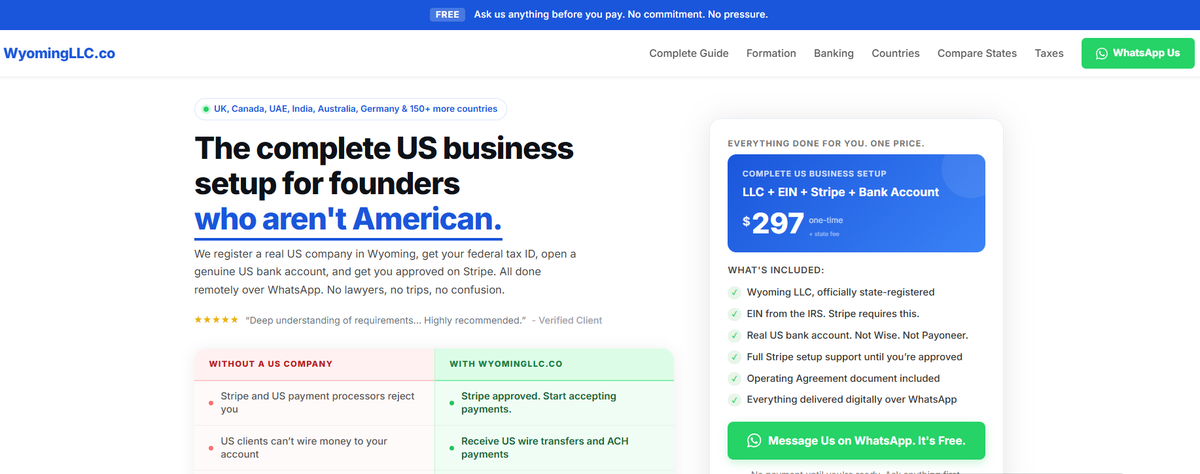 The wyomingllc.co homepage showing a $297 flat fee US business setup package for non-US founders