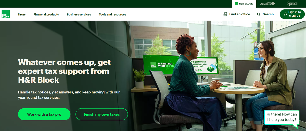 The H&R Block homepage offering in person tax support at local offices