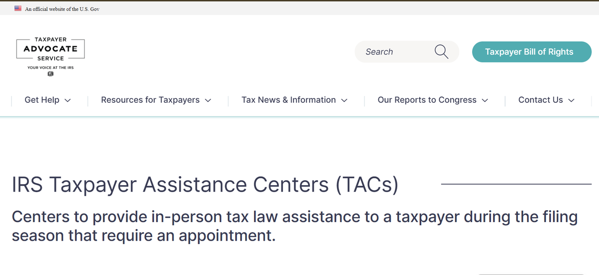 The IRS Taxpayer Assistance Centers page explaining in person appointments
