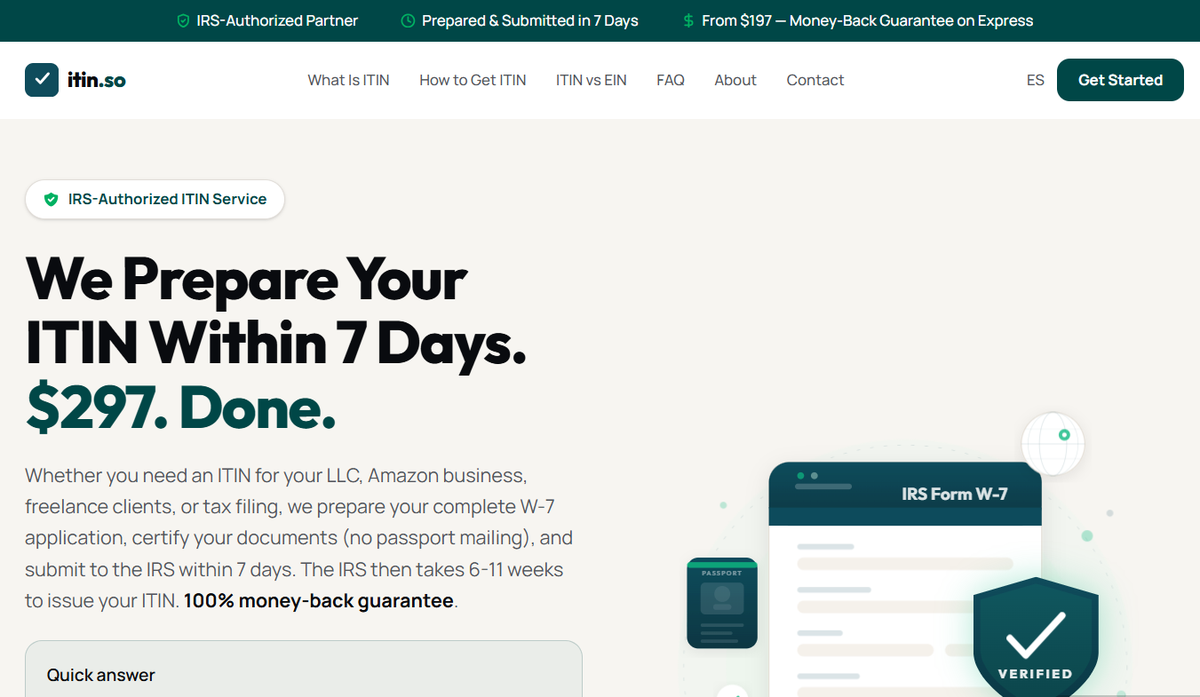 The itin.so homepage advertising an IRS authorized ITIN service with no passport mailing