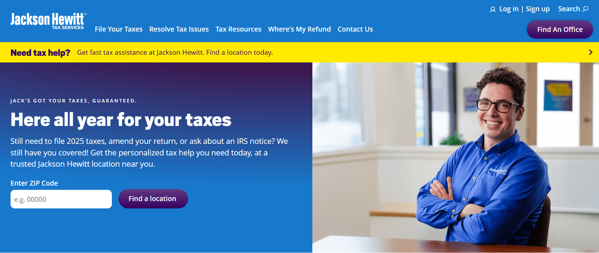 The Jackson Hewitt homepage with a location finder for local tax offices