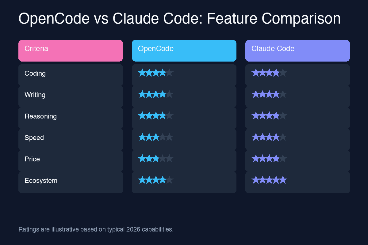 OpenCode vs Claude Code feature comparison chart