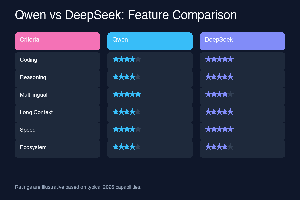 Qwen vs DeepSeek feature comparison chart with star ratings across coding, reasoning, multilingual, long context, speed, and ecosystem